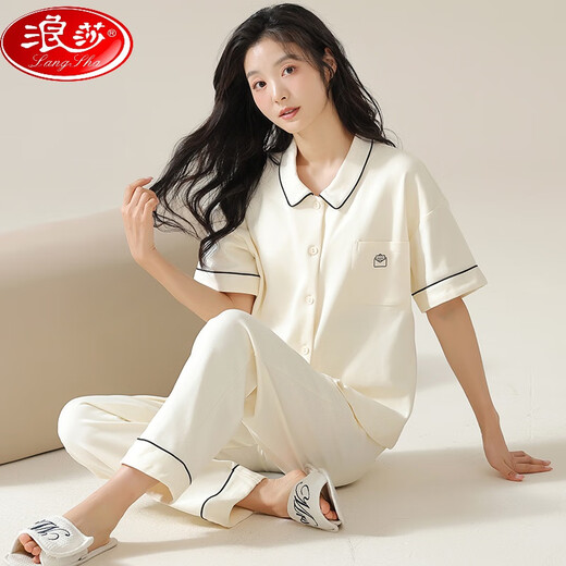 
LangSha couple pajamas women's 2025 new spring pure cotton short-sleeved men's cotton large-size summer home clothing set NSN12503 women 12603 men M women + men's L