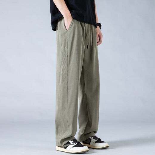 POUM ice silk straight pants men's summer loose sports breathable drape wide-leg quick-drying pants 6636 military green XL