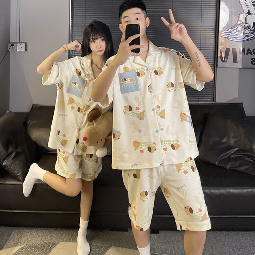 雅鹿情侣睡衣男女款夏季短袖加大码加肥卡通小狗薄款家居服可外穿套装 MJ-S761#米其双短(女图) M 75-95斤