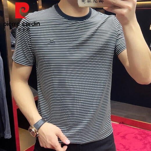
Pierre cardin summer 2025 new round neck striped short-sleeved men's T-shirt casual half-sleeved slim base shirt sports t-shirt trend 9901 black 2XL recommended 140-155Jin [Jin equals 0.5 kg]