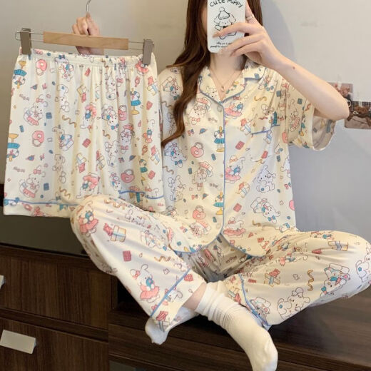 琉善睡衣女夏季新款短袖长裤纯棉薄款三件套甜美可爱学生家居服可外穿 FS-14128三件套 M 【75-95】