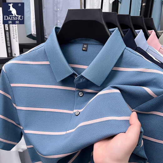 Kangaroo (DaiShu) short-sleeved T-shirt for men 2025 summer trendy striped lapel half-sleeved business casual loose large-size top middle-aged AN15100 light sky blue L