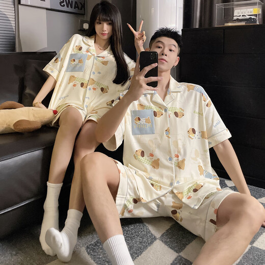 雅鹿情侣睡衣男女款夏季短袖加大码加肥卡通小狗薄款家居服可外穿套装 MJ-S761#米其双短(女图) M 75-95斤