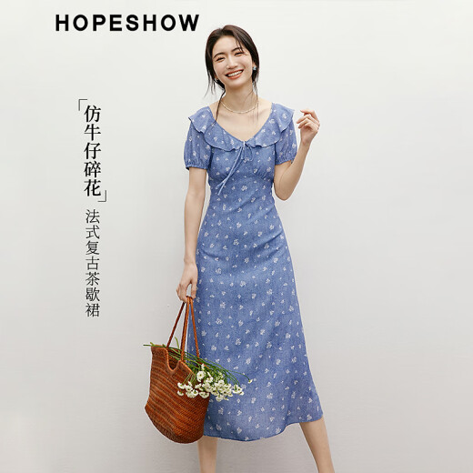 Rothülle Blumenkleid 2025 Sommer Neue Frauenkleidung vor Schulter Puff Ärmel Taille V-Ausschnitt Denim Japanischer Puppenrock Denim Blue Flower 677 S