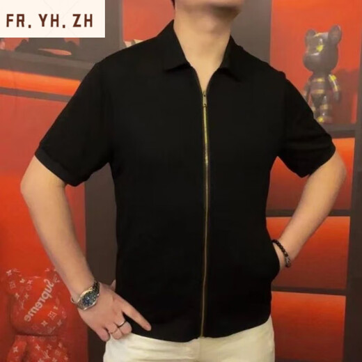 FR.YH.ZH天骏百货男翻领开衫拉链款短袖商务休闲休闲百搭高半袖OP3889 黑色 M 48(100-125斤)