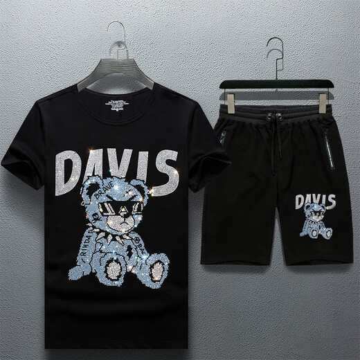 KUQI Europäische Station 2023 Neue Herrenanzug Shorts zweiteiler Sommerkoreaner Stil Heißer Diamantgläser Bär DK-1047 Black M (geeignet für 110-120jin [Jin gleich 0,5 kg])