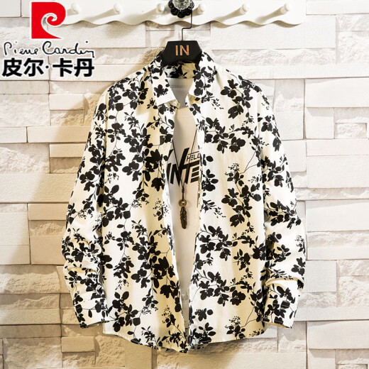 Pierre cardin spring small floral print long-sleeved shirt men's trendy brand pure cotton pattern shirt black and white beach casual jacket top 1049 No. 1 Regular L 121-135Jin [Jin equals 0.5 kg] wear