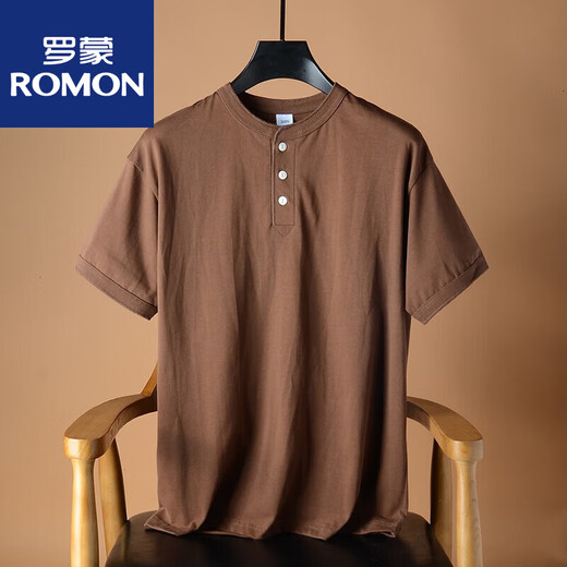 Romon American Tough Guy Retro Henry Shirt Herren Sommer 300 g schwere Baumwolle losen lässige, gelegentliche kurzärmelige Henry-Nacken-T-Shirt 2701 Original Embryo Farbe L 125-145jin [Jin ist 0,5 kg]