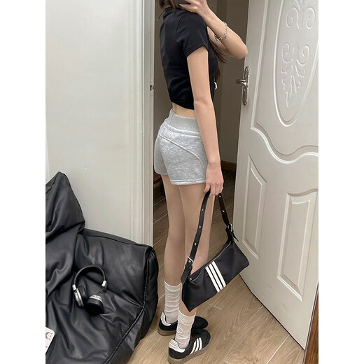 Miao Yijia American sports shorts for women wearing summer 2025 new hot girls hot pants high waist long legs tight hip pants American drawstring elastic waist hot pants [Gray] M [Suggested 91-105Jin [Jin equals 0.5 kg]]