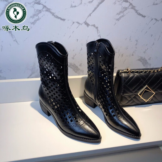 Woodpecker Botas de Malla Blanca Botas Cortas Huecas Verano de Mujer Tacón Medio 2026 Nuevas Sandalias Botas Martin Delgadas Punta Puntiaguda Botas de Vaquero Occidental Blanco 35