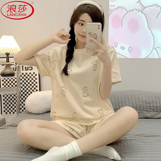 浪莎（LangSha）夏季女睡衣新款棉质夏天2025ins卡通印花圆领套头短袖爆款可外穿 1048紫兔 L (适合95-110斤)