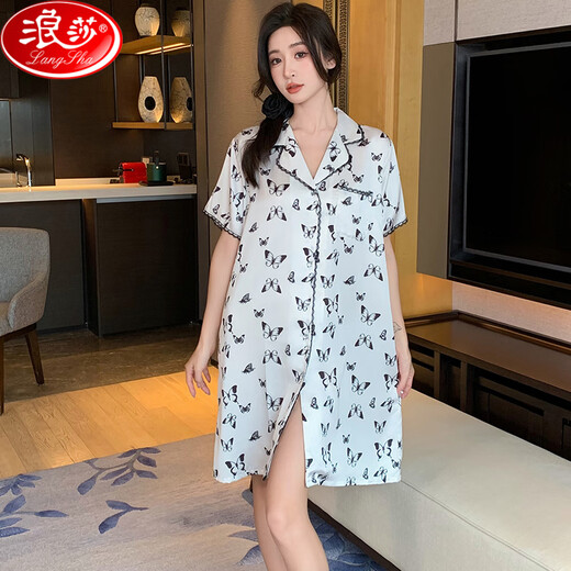 Langsha nightgown women's summer short-sleeved cardigan pajamas sexy thin dress summer home clothes 11972 average size [80Jin[Jin equals 0.5 kg]-135Jin[Jin equals 0.5 kg]]