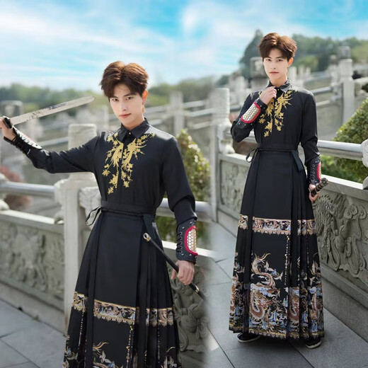 IMPRESSWIT男士马面裙2025汉服成人中国风刺绣衬衫金玉龙马面裙霸气两件套装 黑龙纹马面+上衣+护腕(9277) S