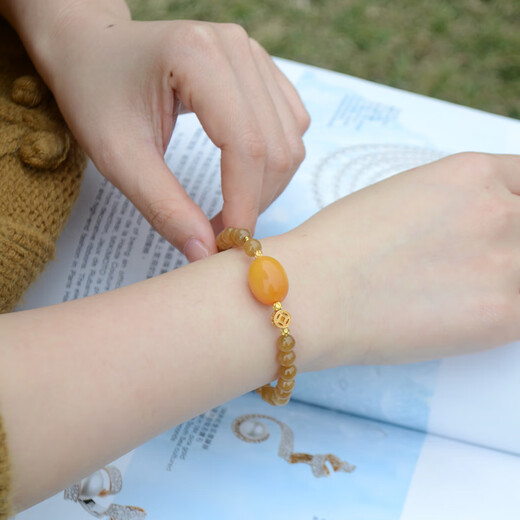 Her Generation Natural Beeswax Hetian Jade Bracelet Women's Hetian Jade Bead Bracelet Gift for Lover Coin Style 6mm