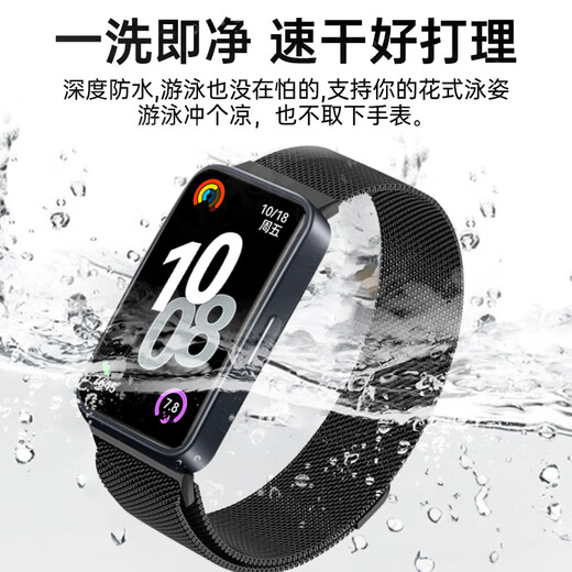 CangHua 适用华为手环8/9/10/NFC版表带磁吸米兰尼斯金属替换腕带表链huawei band八九十运动手环配件黑色