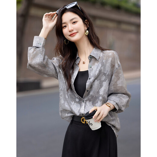 Demana Time Mirror Flower Autumn textured lapel burnt flower shirt art blooming loose comfortable shirt women's top