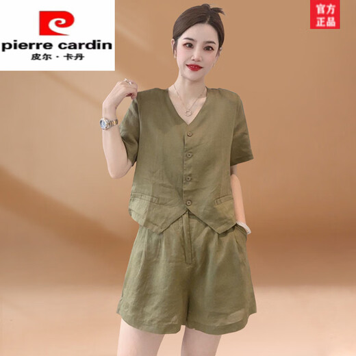 Pierre cardin cotton and linen set for women summer 2025 new European products casual, fashionable and fashionable loose shorts shorts two-piece set mustard green 2XL [recommended 125-140Jin [Jin equals 0.5 kg]]