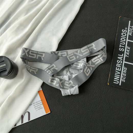 Lingrui cross hip lift underwear double thong men's low waist sexy hollow back butt exposed hot double thong pants gray XXL size