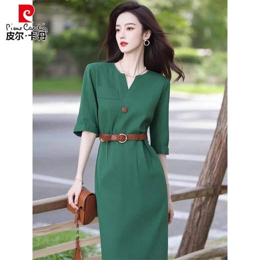 皮尔卡丹（pierre cardin）春夏出席重要场合气质女神范轻奢高级感上流社会绿色收腰连衣裙子 绿色连衣裙 XL 【建议115-125斤】