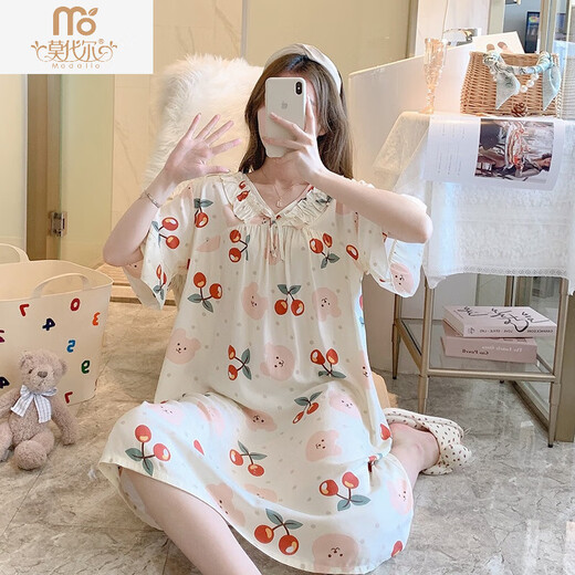 莫代尔短袖睡裙女夏棉绸睡衣裙人造棉连衣裙薄款大码宫廷公主休闲可外穿 1695米色碎花 均码 (适合90140斤