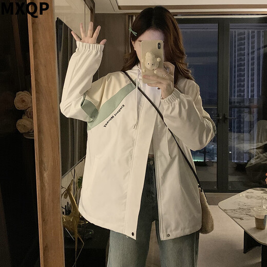 MXQP学院风棒球服外套女春秋季新款宽松休闲拼接撞色设计感立领上衣潮 1047粉色 L 【110-120斤】