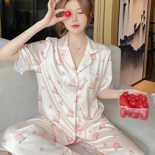 维多利亚的格调冰丝睡衣女夏季薄甜美蕾丝水蜜桃短袖长裤三件套可外穿家居服套装 水蜜桃【短袖+长裤】 9905 XL 【建议115-130斤】