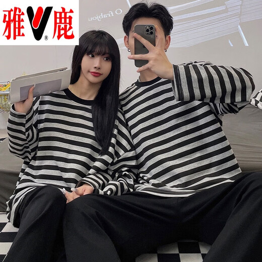 
Yalu 2025 new couple pajamas for women in spring and autumn can wear striped home clothes for men casual large size long sleeve suit 15568 men L women
