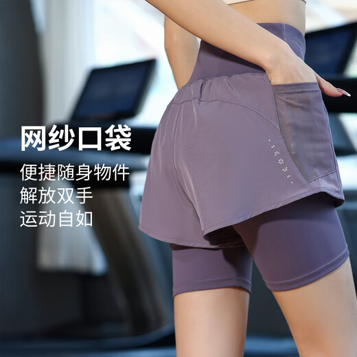 徽格儿假两件三分健身裤女夏季款防走光户外跑步紧身裤网红训练瑜伽短裤 灰咖紫裤 L