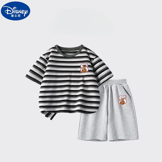 Disney boys suit summer new children's cotton t-shirt shorts suit large children's striped short-sleeved sports pants two-piece set DDB13688 gray + N11762K black 120 cm height 110-120 cm Age 6-7 years old