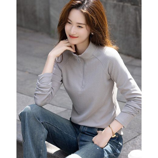 Demana Hanli Hanqi Autumn Private Collection Worker Wear Stand-up Collar Long Sleeve Comfortable Flesh-covering Casual Women's T-Shirt