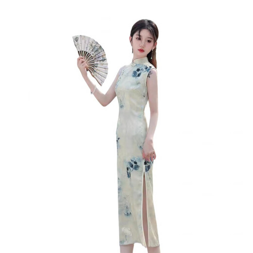 Fenghai Yousu Sommer 2024 Neuer Sommerstil Jacquard Print ärmellose lang Cheongsam hellfarbe chinesische Style -Tintenmalerei Slim Taille Cheongsam 675 Jacquard ärmellose L L.