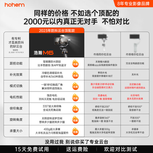 浩瀚卓越（hohem）【新品】浩瀚手机稳定器智能跟拍云台防抖追踪直播拍摄vlog神器三轴自拍杆360度自动旋转手持拍照 M6 Kit(AI追踪版)