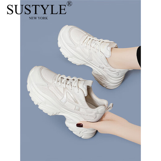 SUSTYLE奢侈高端品牌高档厚底老爹鞋女2025春季新款休闲运动鞋小白鞋 JST7028米色/春秋款/跟高5CM. 34 .
