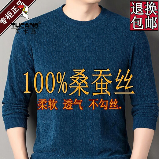啄木鸟（TUCANO）桑蚕丝长袖t恤男士夏季新款中青年宽松休闲秋季圆领卫衣打底衫男 白色1105 高档蚕丝T恤 L 50/170120-135斤