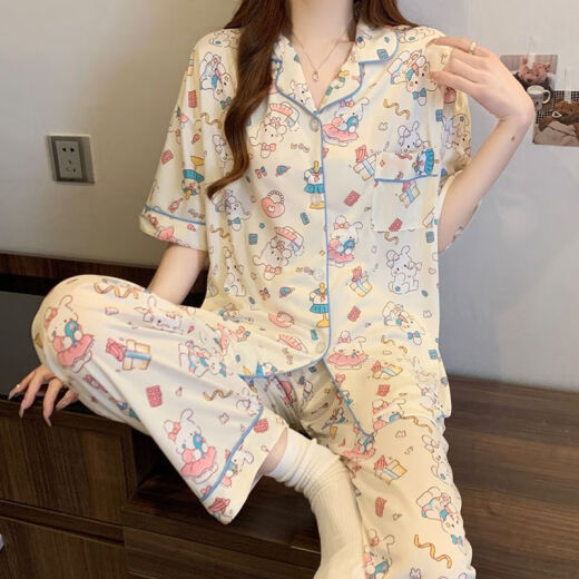 琉善睡衣女夏季新款短袖长裤纯棉薄款三件套甜美可爱学生家居服可外穿 FS-14128三件套 M 【75-95】