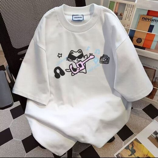 Bunte Edelsteine ​​schwere runde Hals weiße Katze gedrucktes kurzärmeliges Hemd für Männer und Frauen Sommer Trendy American Ehepaar Loose Fünf-Punkte-Hülle Top 1416 White Grey L.