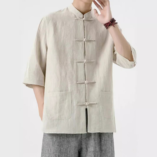 
Yu Zhaolin summer Chinese style linen short-sleeved Tang suit men's retro five-point sleeve Hanfu cotton linen lay Buddhist suit large size half-sleeved tea suit khaki thin style YM001 2XL [150-165Jin[Jin equals 0.5 kg]]