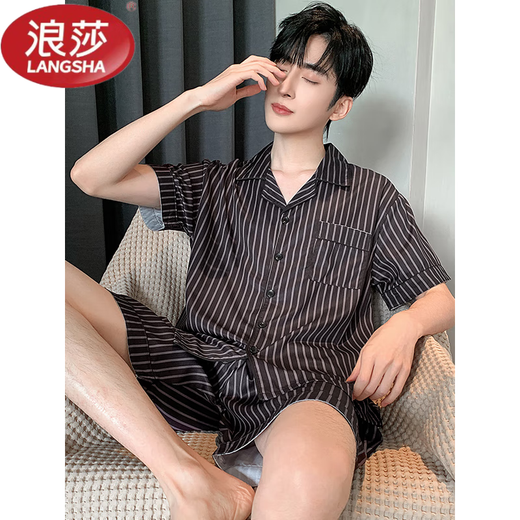 Langsha Light Luxury New Seidenpyjamas Herren kurzärmelige Sommeranzüge und lässige Maulbeer-Seiden-Heimkleidung können außerhalb 6629 getragen werden [kurzärmelige + Shorts] l