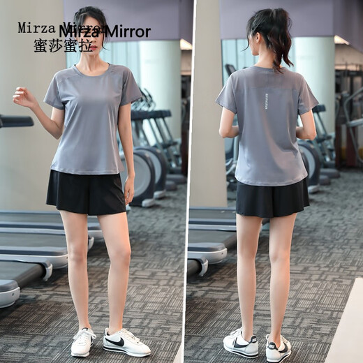 Mirza Mirror胖mm夏季薄款大码200斤宽松健身房女速干瑜伽服运动跑步短裤套装 玫粉上衣+灰色短裤 L