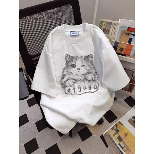 Bunte Edelsteine ​​schwere runde Hals weiße Katze gedrucktes kurzärmeliges Hemd für Männer und Frauen Sommer Trendy American Ehepaar Loose Fünf-Punkte-Hülle Top 1416 White Grey L.