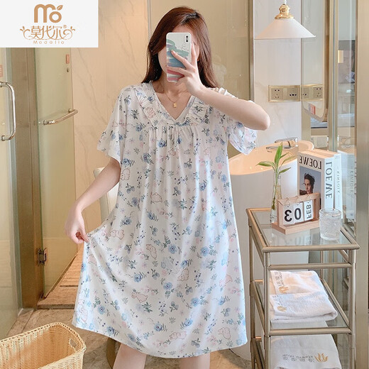 莫代尔短袖睡裙女夏棉绸睡衣裙人造棉连衣裙薄款大码宫廷公主休闲可外穿 1695米色碎花 均码 (适合90140斤