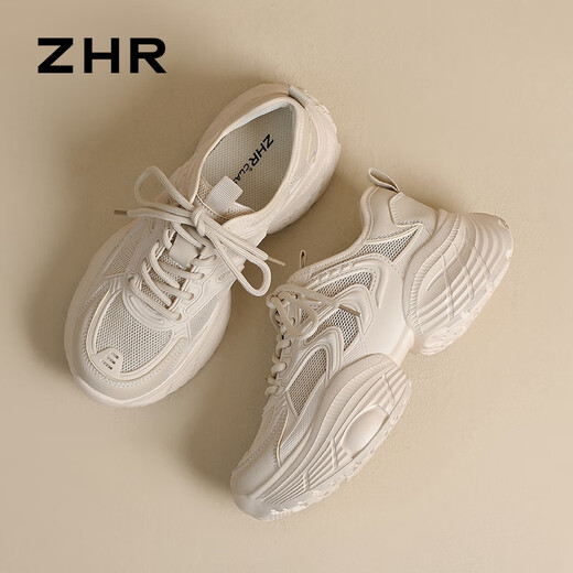 ZHR dad shoes for women in summer thick sole heightened casual shoes for women mesh breathable and lightweight women's shoes G755E apricot color 37