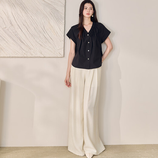Roeyshouse loi High-End 100% reines Baumwollschwarz-Hemd 2025 Sommer Neues Fashion V-Ausschnitt Shirt Lose Top 11968 Schwarz M