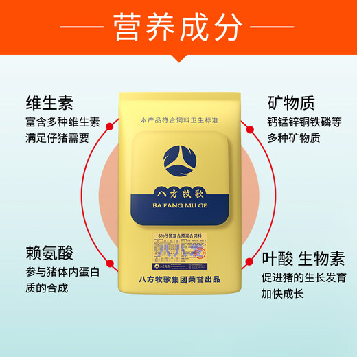 Bafang Muge 8% piglet compound premix piglet weaning feed pulls the skeleton to increase feed intake, fattening and fattening of medium and large pigs to increase their growth. Buy 10 bags and get 1 bag free. Direct delivery to villages and towns. Piglets over 15 kilograms.