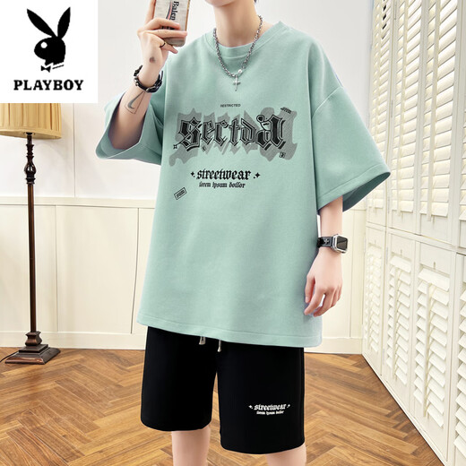 Playboy (PLAYBOY) summer new short-sleeved T-shirt for men junior high school and high school students sports suit for young people trendy handsome big children summer suit NZJ-6626 black (top + shorts) M 75 to 105 Jin [Jin equals 0.5 kg]