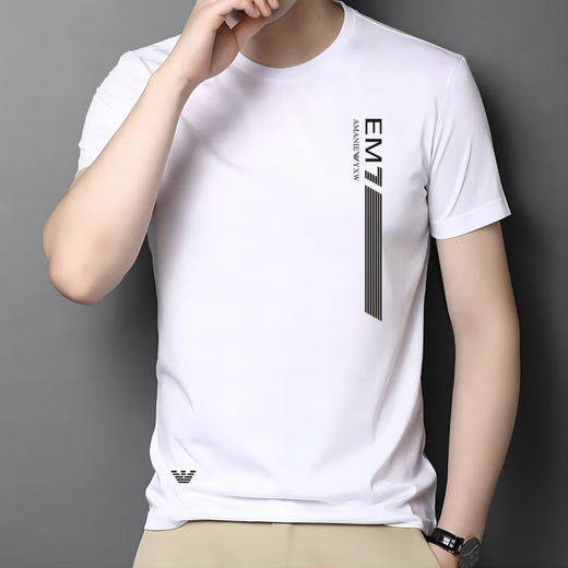 Armani Sommer Baumwolle kurzärmelige T-Shirt Herren große Größe Lose lässiger Männer mit halbärmeligem gedrucktem Basishemd Am723 kurzärmelig weißes Baumwollstil L empfohlen 120-145 Jin [Jin gleich 0,5 kg]