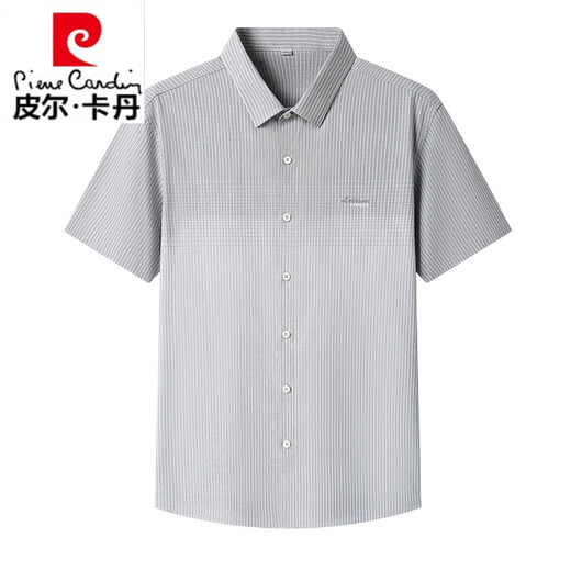 皮尔卡丹（pierre cardin）高端中年男士短袖纯棉衬衫2025夏季新款休闲商务条纹衬衣 QLM-15265-灰色内销品牌出口转内销 M