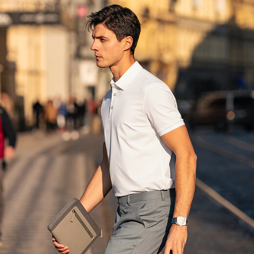 Mr. Bu patentierter Kragen mit drei Pin-Knopf Exquisite Business Polo Herren Sommerfeuchtigkeits-absorbierender und atmungsaktiver, fester Farbe kurzärmelig AT12161 Elfenbeinweiß L (175)