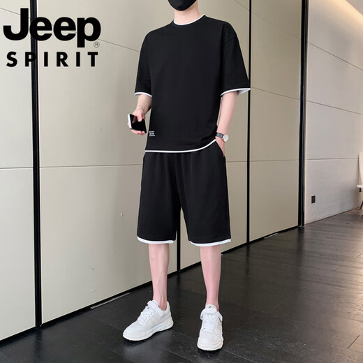 JEEP SPIRIT吉普男士休闲运动套装2025年夏季新款纯色短袖短裤时尚宽松体恤衫 浅灰色 ZL9866 2XL 建议140-155斤
