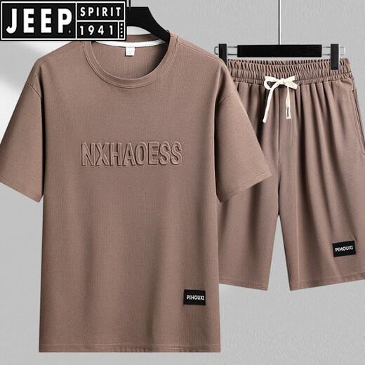JEEP SPIRIT summer men's sports and casual suit loose large size round neck T-shirt shorts handsome paired with a set of ice silk TZ829 khaki 2XL
